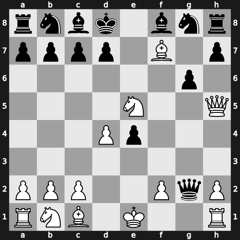 C40q - 2…f5 3.Bc4 fxe4 4.Nxe5 Qg5 5.d4 Qxg2 6.Qh5+ g6 7.Bf7+ Kd8 - Latvian Gambit: Poisoned Pawn Main Line [+1.18]