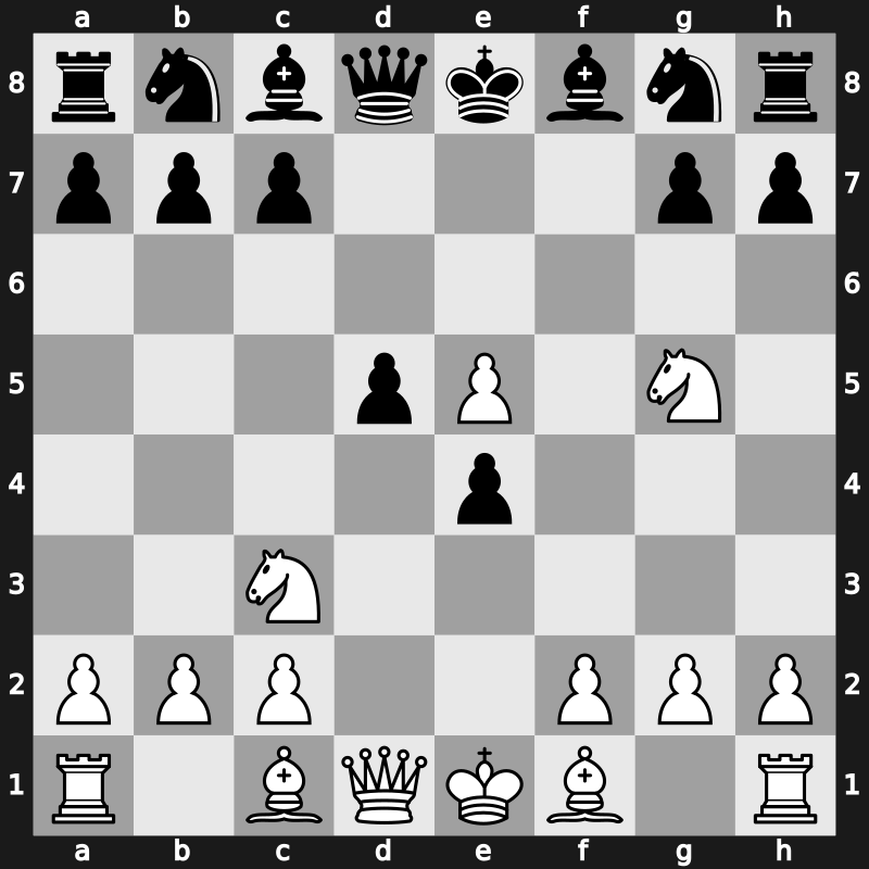 C41e - 3.d4 f5 4.dxe5 fxe4 5.Ng5 d5 6.Nc3 - Philidor Countergambit Steinitz Variation [+0.55]