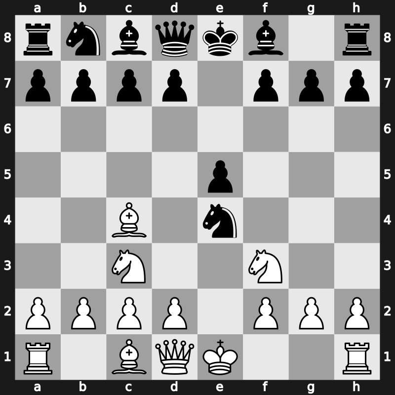 C42f - 3.Bc4 Nxe4 4.Nc3 - Russian Game: Boden-Kieseritsky Gambit [-0.77]