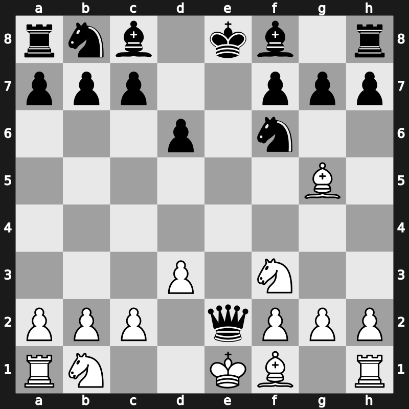 C42o - 3.Nxe5 d6 4.Nf3 Nxe4 5.Qe2 Qe7 6.d3 Nf6 7.Bg5 Qxe2+ - Russian Game: Queenswap [-0.09]
