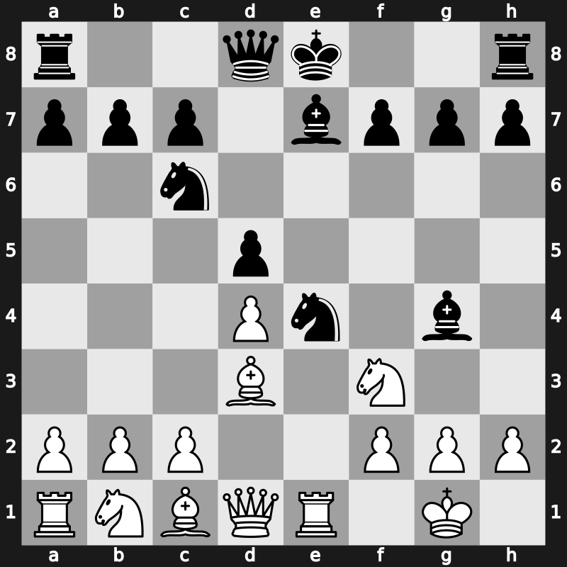 C42w - 3.Nxe5 d6 4.Nf3 Nxe4 5.d4 d5 6.Bd3 Be7 7.O-O Nc6 8.Re1 Bg4 - Russian Game: Classical Chigorin [+0.16]