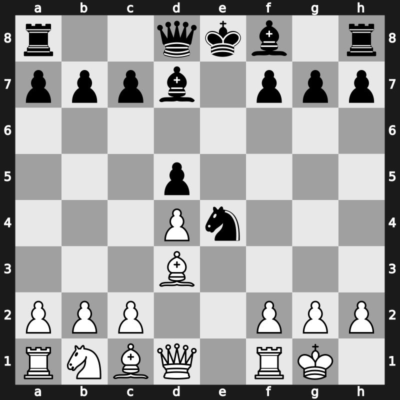 C43r - 3…Nxe4 4.Bd3 d5 5.Nxe5 Nd7 6.Nxd7 Bxd7 7.O-O - Modern Attack Main Line [+0.27]