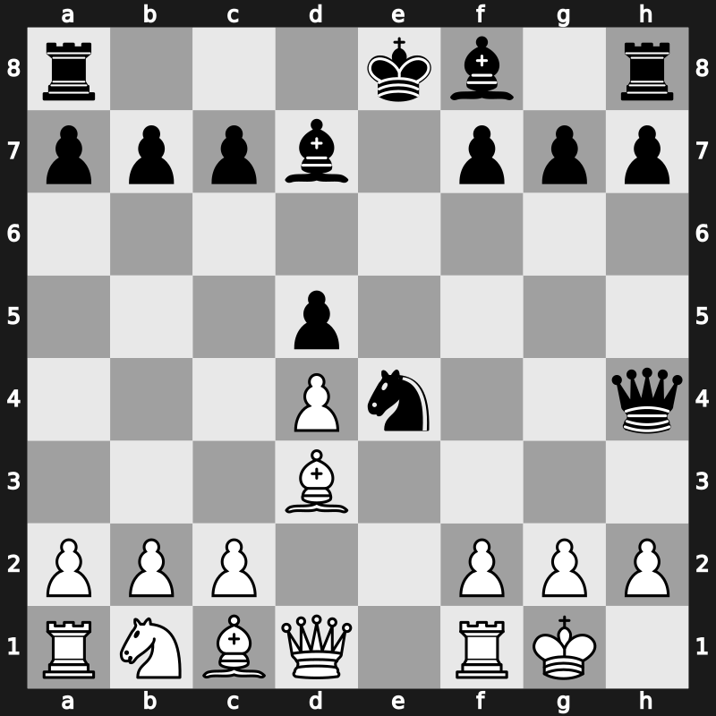 C43s - 3…Nxe4 4.Bd3 d5 5.Nxe5 Nd7 6.Nxd7 Bxd7 7.O-O Qh4 - Modern Attack Main Line [+0.65]