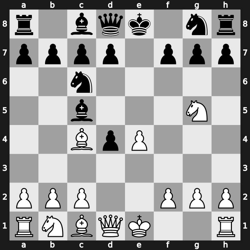 C44y - 3.d4 exd4 4.Bc4 Bc5 5.Ng5 - Scotch Gambit: [-0.10]