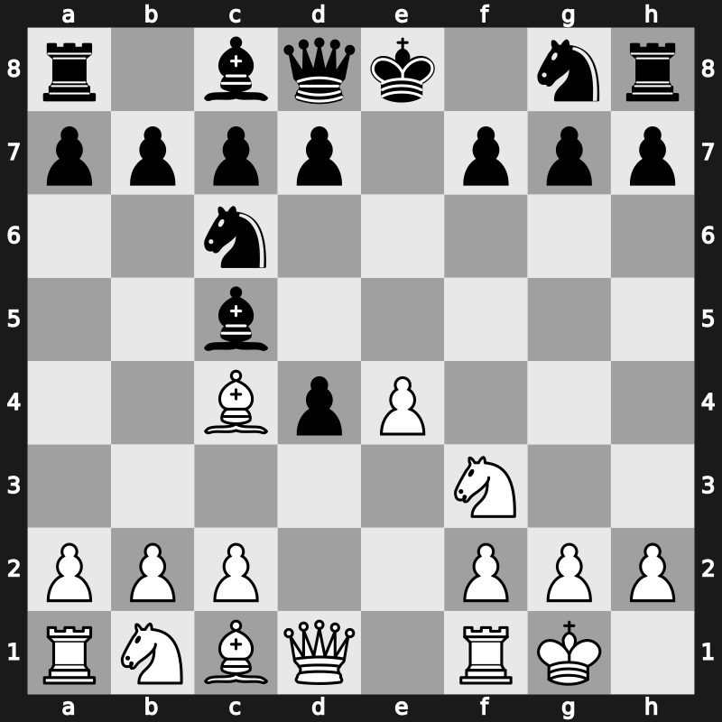 C44y - 3.d4 exd4 4.Bc4 Bc5 5.O-O - Scotch Gambit: [-0.54]