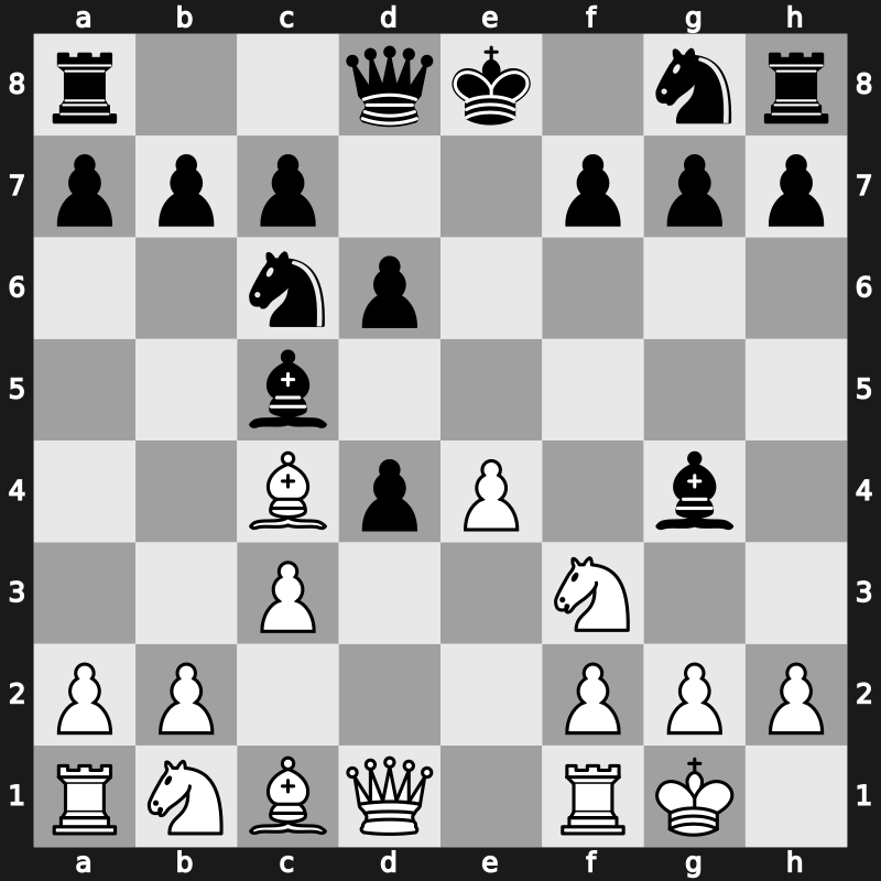 C44y - 3.d4 exd4 4.Bc4 Bc5 5.O-O d6 6.c3 Bg4 - Scotch Gambit: Anderssen (Paulsen) Counterattack [-0.49]