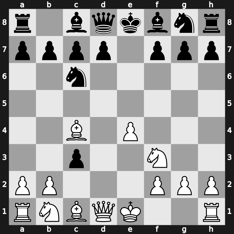 C44w - 3.d4 exd4 4.c3 dxc3 5.Bc4 - Scotch: Goring Gambit [-0.48]