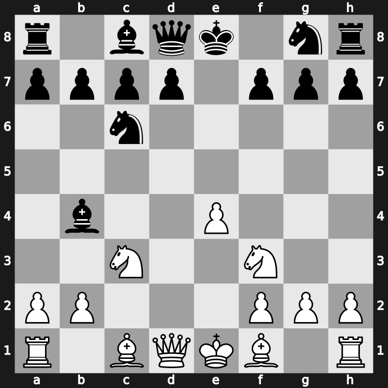 C44w - 3.d4 exd4 4.c3 dxc3 5.Nxc3 Bb4 - Scotch: Goring Gambit [-0.18]