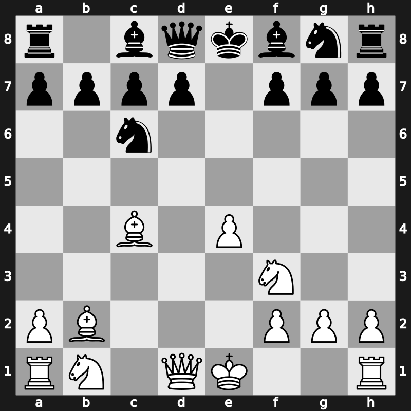 C44w - 3.d4 exd4 4.c3 dxc3 5.Bc4 cxb2 6.Bxb2 - Scotch: Goring Gambit [-0.50]