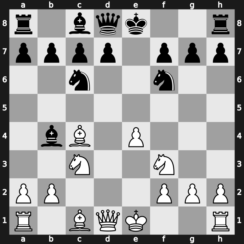 C44w - 3.d4 exd4 4.c3 dxc3 5.Nxc3 Bb4 6.Bc4 Nf6 - Scotch: Goring Gambit Bardeleben Variation [+0.06]