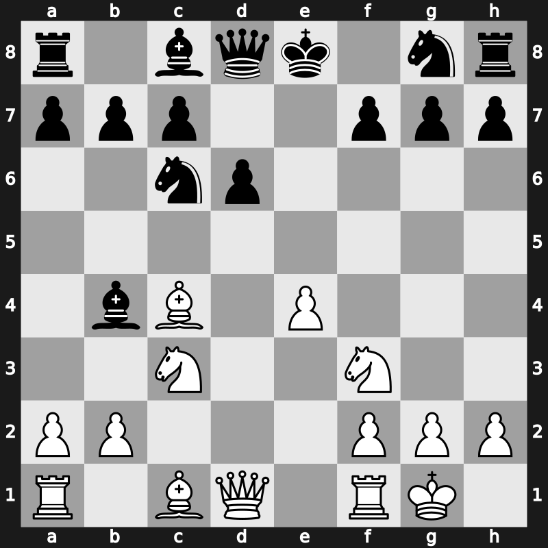 C44w - 3.d4 exd4 4.c3 dxc3 5.Nxc3 Bb4 6.Bc4 d6 7.O-O - Scotch: Goring Gambit [-0.15]