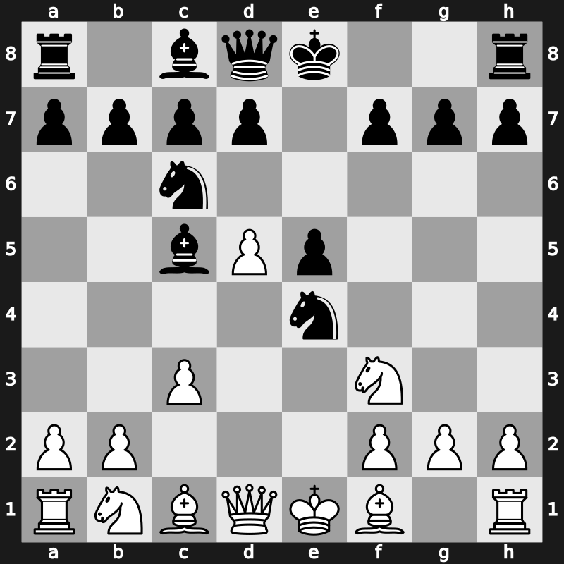 C44p - 3.c3 Nf6 4.d4 Nxe4 5.d5 Bc5 - Ponziani: Fraser Defence [-0.38]