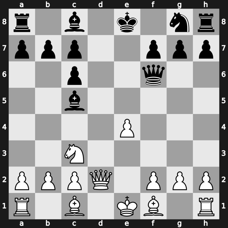 C45t - 4…Bc5 5.Nxc6 Qf6 6.Qd2 dxc6 7.Nc3 [-0.19]