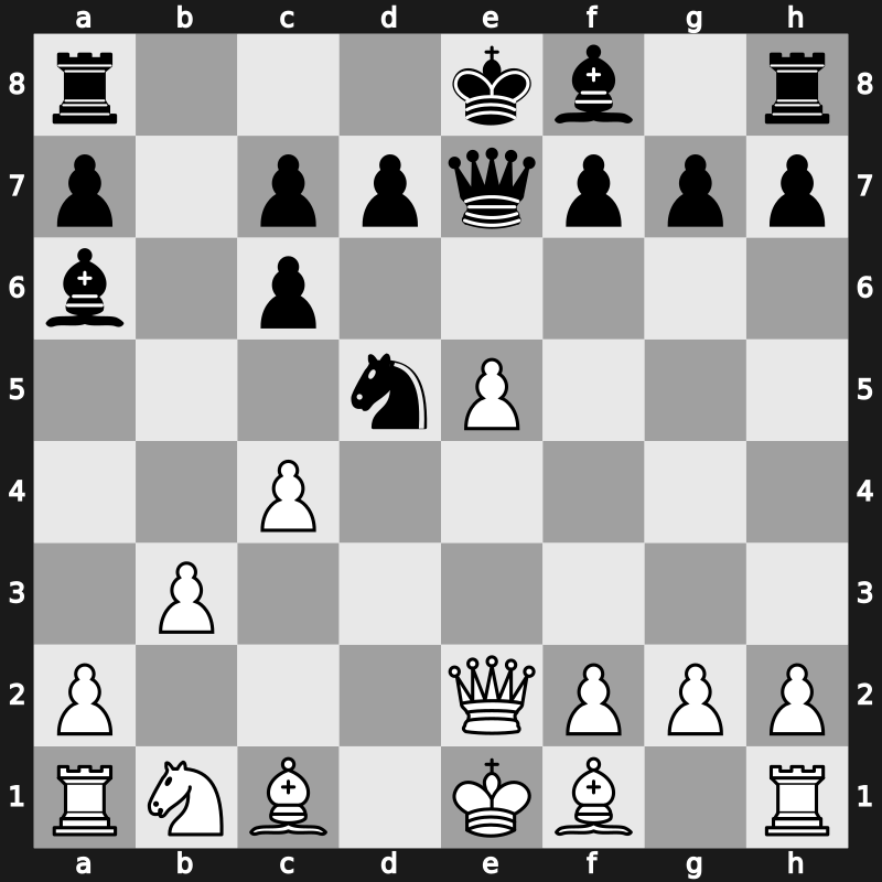 C45m - 4…Nf6 5.Nxc6 bxc6 6.e5 Qe7 7.Qe2 Nd5 8.c4 Ba6 9.b3 - Mieses [+0.10]