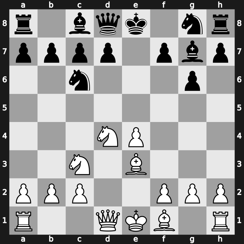 C46l - 3…g6 4.d4 exd4 5.Nxd4 Bg7 6.Be3 - Steinitz [+1.04]
