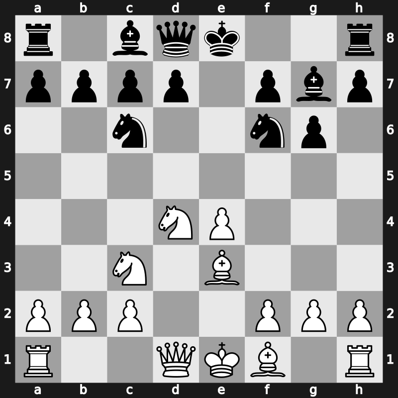 C46m - 3…g6 4.d4 exd4 5.Nxd4 Bg7 6.Be3 Nf6 - Steinitz [+1.12]