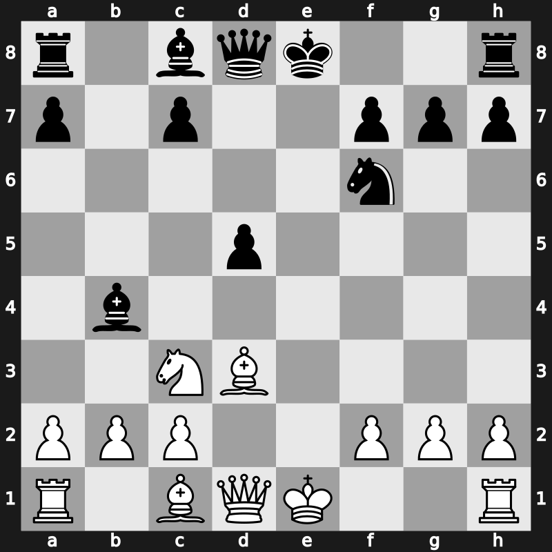 C47t - 4.d4 exd4 5.Nxd4 Bb4 6.Nxc6 bxc6 7.Bd3 d5 8.exd5 cxd5 - Scotch Main Line [+0.13]
