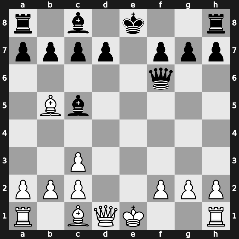 C48l - 4…Nd4 5.Nxd4 exd4 6.e5 dxc3 7.exf6 Qxf6 8.dxc3 Bc5 - Rubinstein Exchange Variation [-0.01]