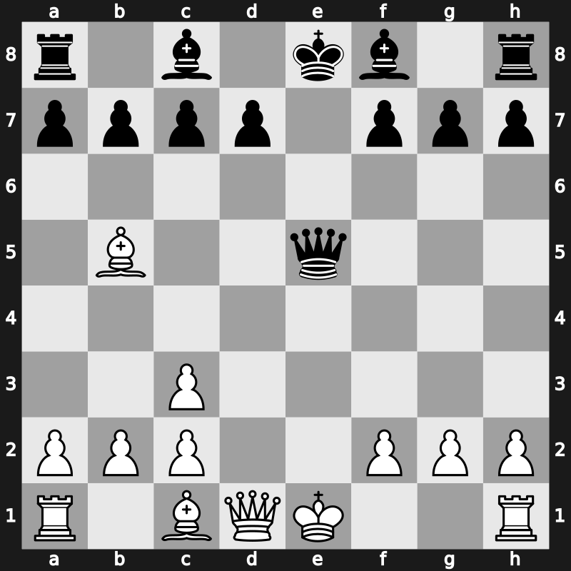 C48m - 4…Nd4 5.Nxd4 exd4 6.e5 dxc3 7.exf6 Qxf6 8.dxc3 Qe5+ - Rubinstein Exchange Variation [+0.16]