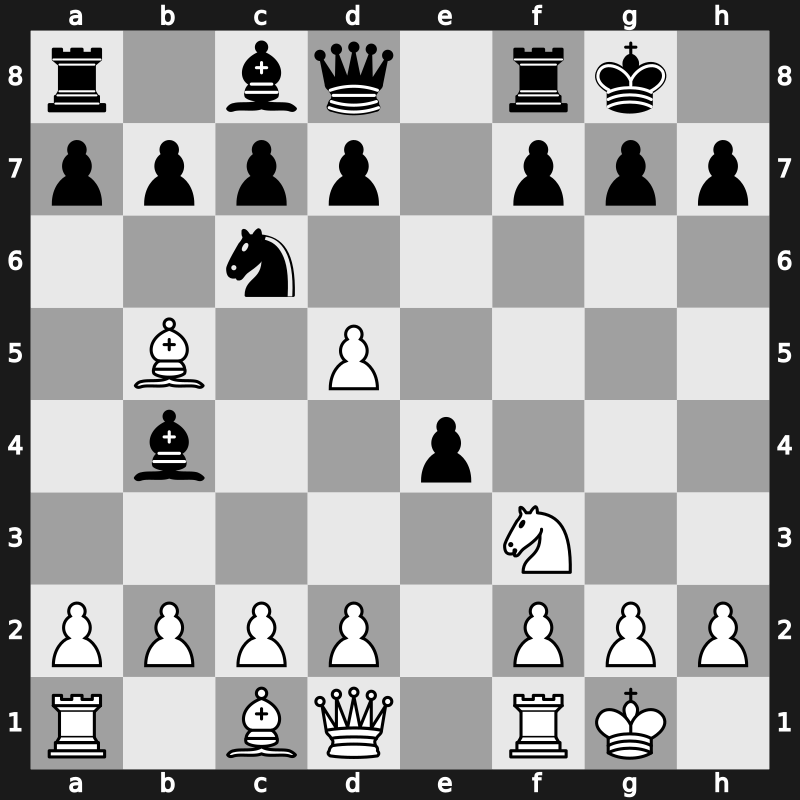 C49c - 5.O-O O-O 6.Nd5 Nxd5 7.exd5 e4 - Gunsberg Variation [-0.13]