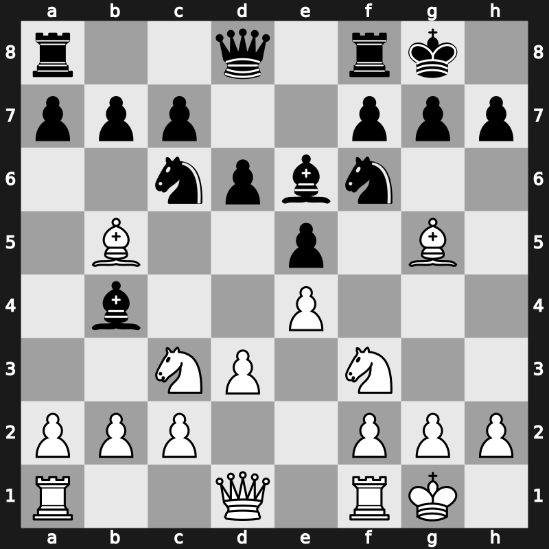 C49j - 5.O-O O-O 6.d3 d6 7.Bg5 Be6 - Symmetrical Tarrasch Variation [+0.83]