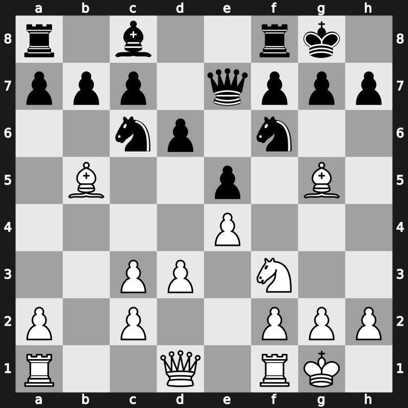 C49n - 5.O-O O-O 6.d3 d6 7.Bg5 Bxc3 8.bxc3 Qe7 - Symmetrical Metger unpin [+0.33]