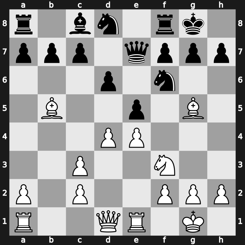 C49n - 5.O-O O-O 6.d3 d6 7.Bg5 Bxc3 8.bxc3 Qe7 9.Re1 Nd8 10.d4 - Symmetrical Metger [+0.42]