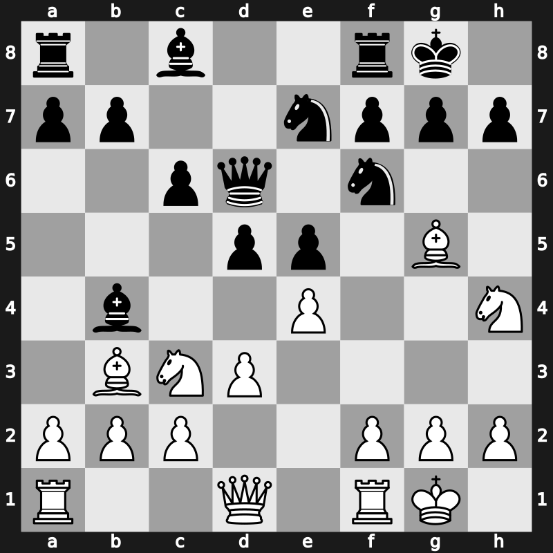 C49k - 5.O-O O-O 6.d3 d6 7.Bg5 Ne7 8.Nh4 c6 9.Bc4 d5 10.Bb3 Qd6 - Symmetrical Blake Variation [+0.14]