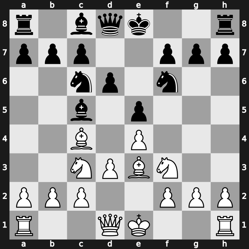 C50t - 3…Bc5 4.d3 Nf6 5.Nc3 d6 6.Be3 - Giuoco Pianissimo: Italian Four Knights [-0.03]