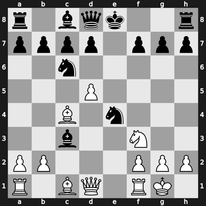 C54o - 5.d4 exd4 6.cxd4 Bb4+ 7.Nc3 Nxe4 8.O-O Bxc3 9.d5 - Moeller (Therkatz) Attack [-0.43]