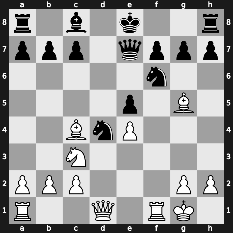 C55b - 4.O-O Bc5 5.d4 Bxd4 6.Nxd4 Nxd4 7.Bg5 d6 8.f4 Qe7 9.fxe5 dxe5 10.Nc3 - Gambit Holzhausen Attack [-0.35]