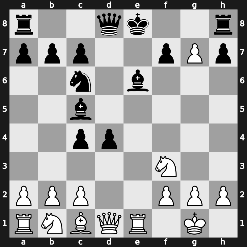 C55w - 4.d4 exd4 5.O-O Bc5 6.e5 d5 7.exf6 dxc4 8.Re1+ Be6 9.fxg7 - Max Lange Schlechter Variation [+0.47]