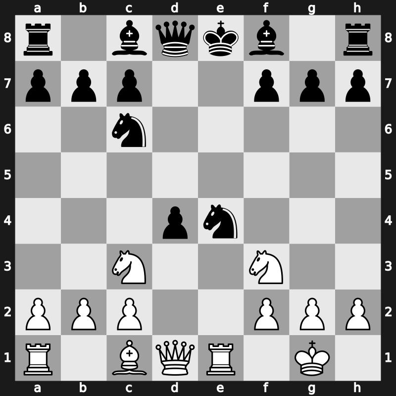 C56e - 6.Re1 d5 7.Bxd5 Qxd5 8.Nc3 Qd8 - Classical [+0.02]