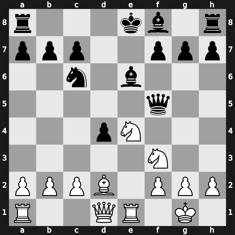 C56m - 6.Re1 d5 7.Bxd5 Qxd5 8.Nc3 Qa5 9.Nxe4 Be6 10.Bd2 Qf5 - Classical Moller [+0.04]