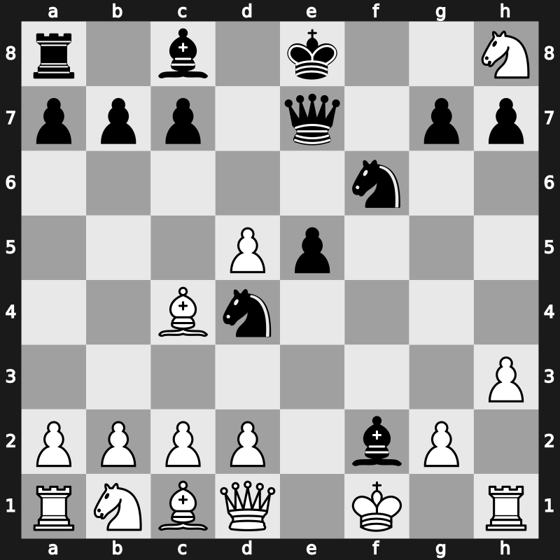 C57c - 4…Bc5 5.Nxf7 Bxf2+ 6.Kf1 Qe7 7.Nxh8 d5 8.exd5 Nd4 9.h3 - Traxler & Palkin Variation
