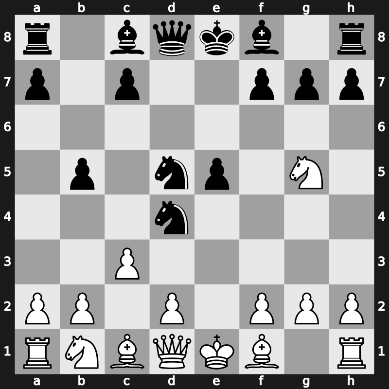 C57i - 4…d5 5.exd5 Nd4 6.c3 b5 7.Bf1 Nxd5 - Fritz Variation, Main Line