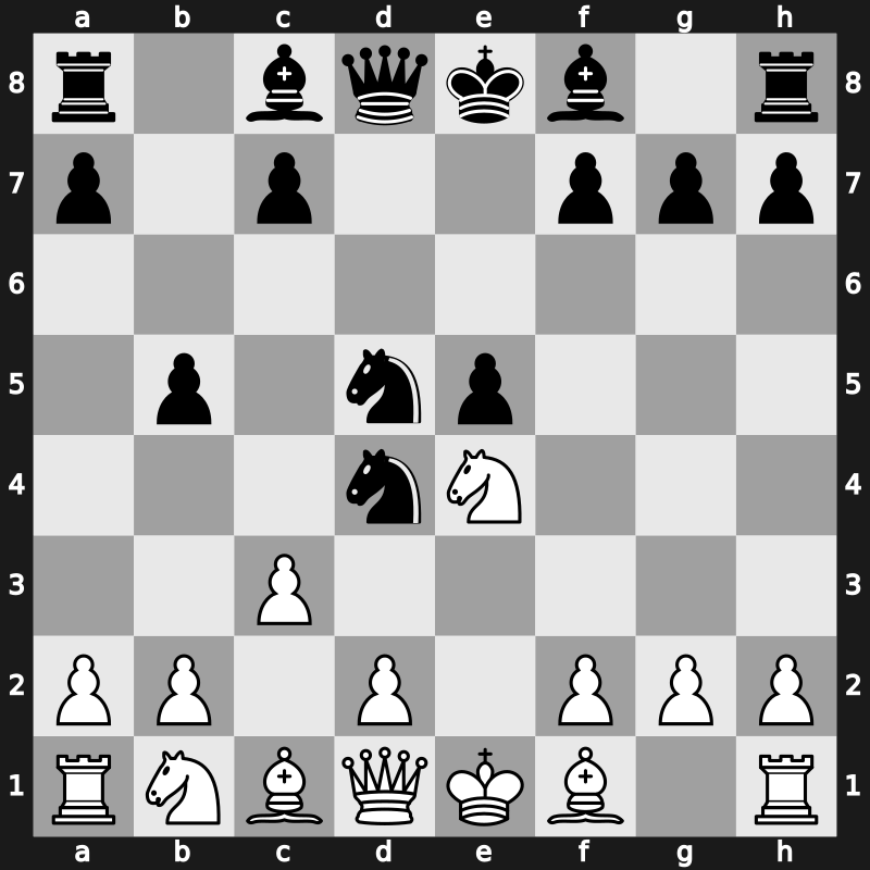 C57k - 4…d5 5.exd5 Nd4 6.c3 b5 7.Bf1 Nxd5 8.Ne4 - Fritz Gruber Variation (8.Ne4)