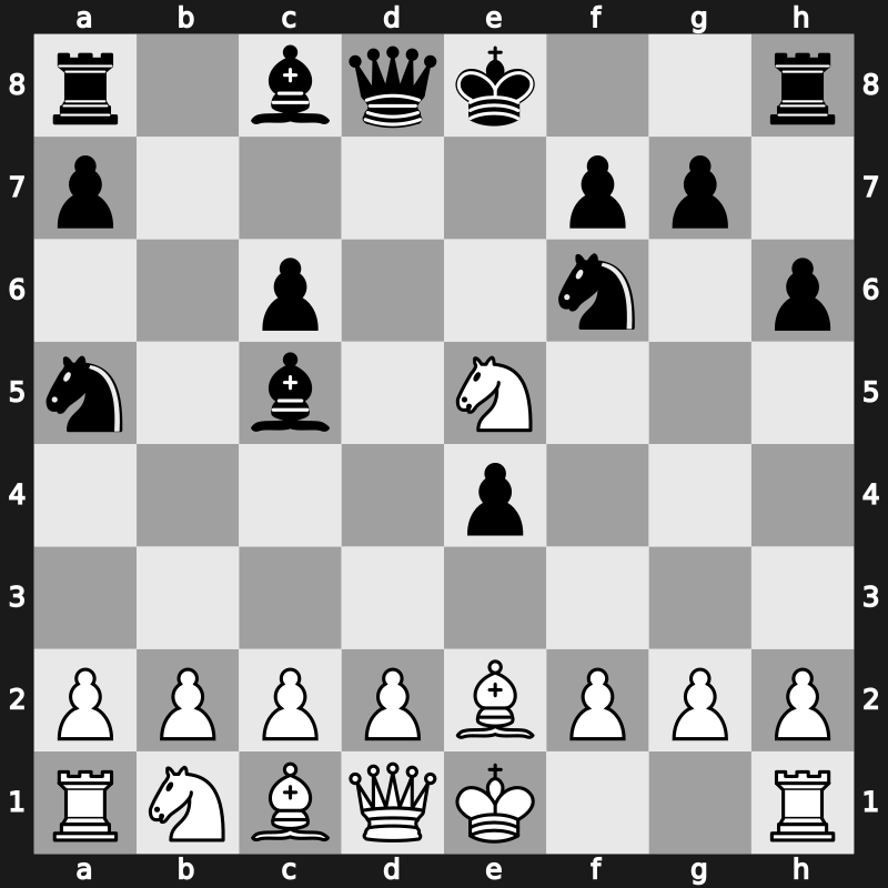 C59d - 9.Nf3 e4 10.Ne5 Bc5 - Morphy Steiner Variation [-0.29]