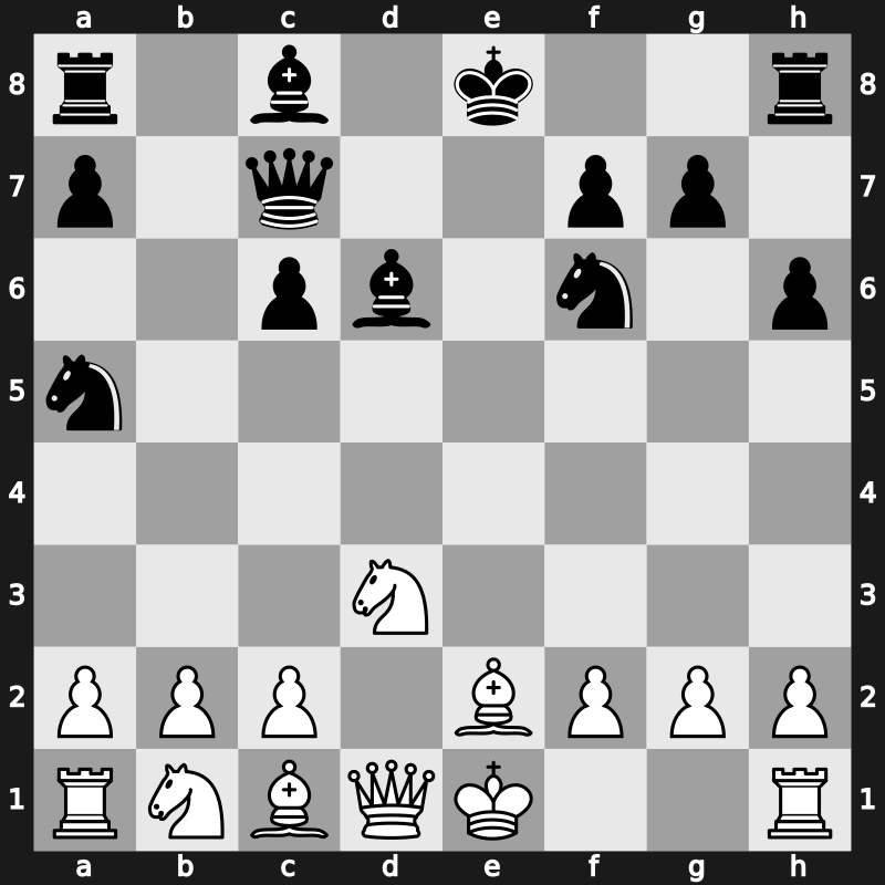C59k - 9.Nf3 e4 10.Ne5 Bd6 11.d4 exd3 12.Nxd3 Qc7 - Main Line [+0.22]