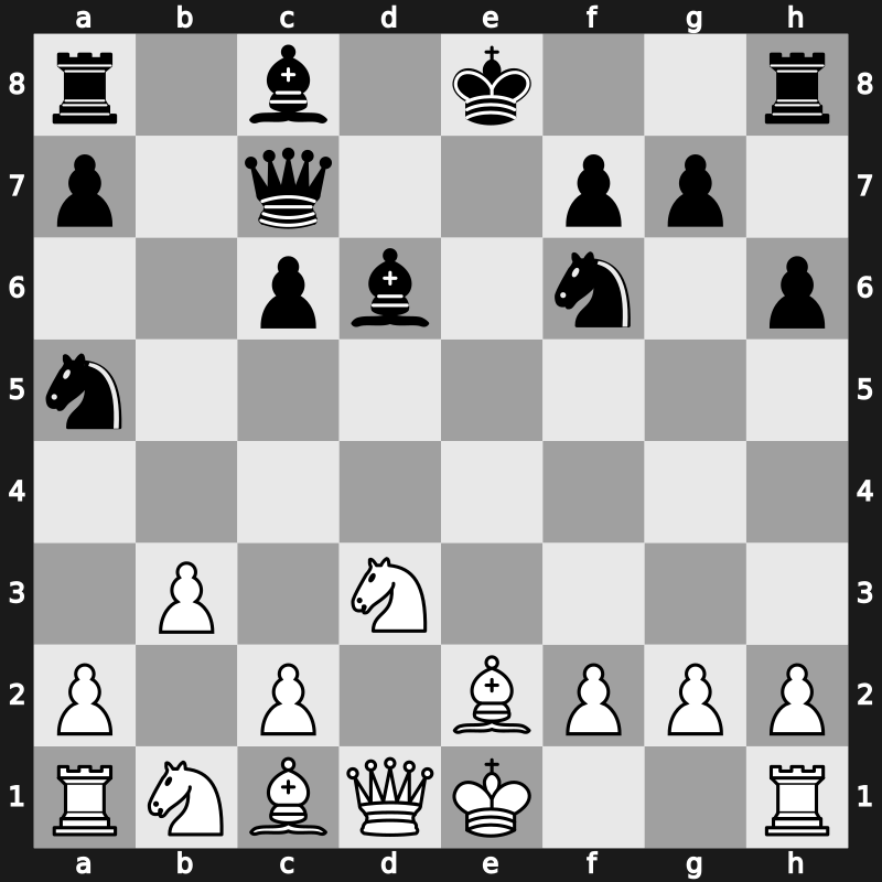 C59l - 9.Nf3 e4 10.Ne5 Bd6 11.d4 exd3 12.Nxd3 Qc7 13.b3 - Main Line Honfi Variation [+0.24]