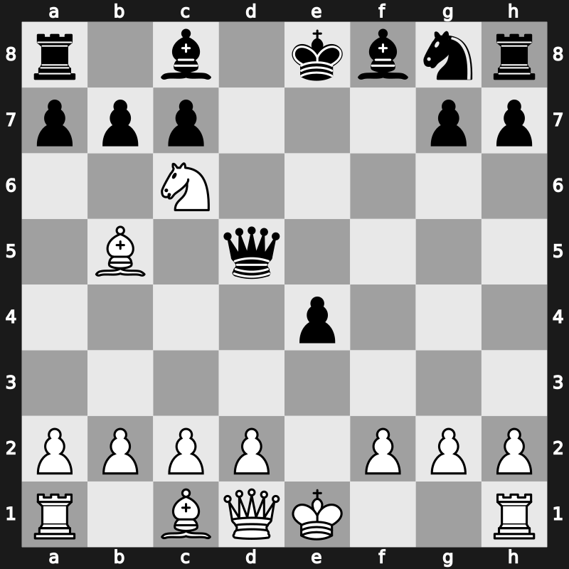 C63t - 4.Nc3 fxe4 5.Nxe4 d5 6.Nxe5 dxe4 7.Nxc6 Qd5 - Schliemann [+0.76]