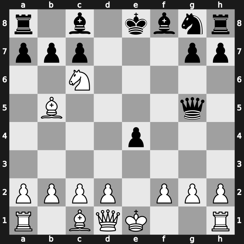 C63u - 4.Nc3 fxe4 5.Nxe4 d5 6.Nxe5 dxe4 7.Nxc6 Qg5 - Schliemann [+0.75]