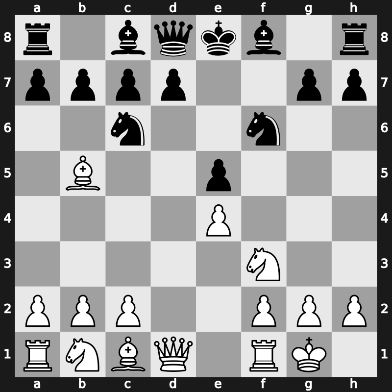 C63f - 4.d3 fxe4 5.dxe4 Nf6 6.O-O - Schliemann [+0.50]