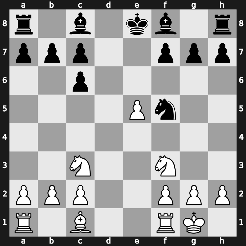 C67u - 5.d4 Nd6 6.Bxc6 dxc6 7.dxe5 Nf5 8.Qxd8+ Kxd8 9.Nc3 Ke8 - Open Berlin Queenswap [+0.14]