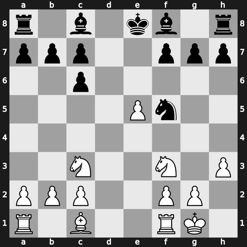 C67w - 5.d4 Nd6 6.Bxc6 dxc6 7.dxe5 Nf5 8.Qxd8+ Kxd8 9.Nc3 Ke8 10.h3 - Open Berlin Queenswap [+0.09]