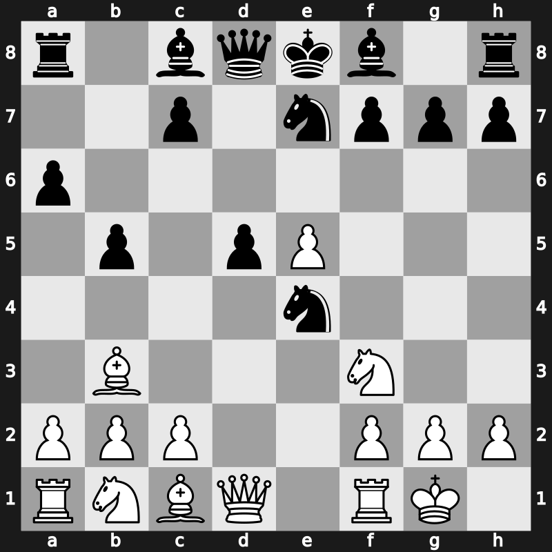 C80m - 6.d4 b5 7.Bb3 d5 8.dxe5 Ne7 - Open Zukertort Variation [+1.05]