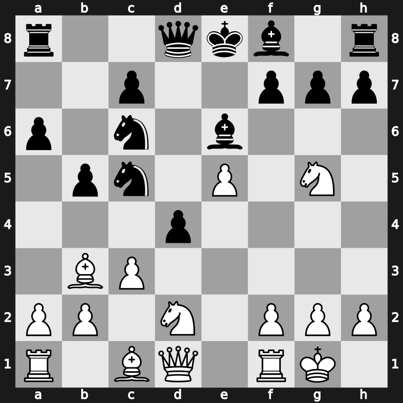 C80t - 6.d4 b5 7.Bb3 d5 8.dxe5 Be6 9.Nbd2 Nc5 10.c3 d4 11.Ng5 - Open Bernstein Karpov Gambit [+0.00]
