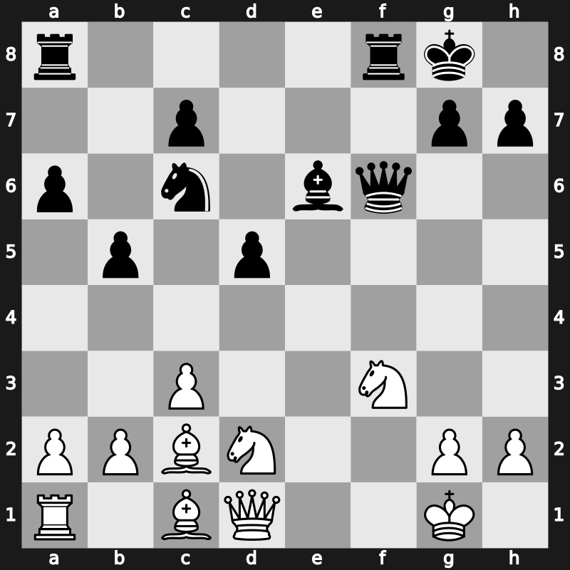 C82r - 9…Bc5 10.Nbd2 O-O 11.Bc2 Nxf2 12.Rxf2 f6 13.exf6 Bxf2+ 14.Kxf2 Qxf6 15.Kg1 - Open Dilworth [-0.32]