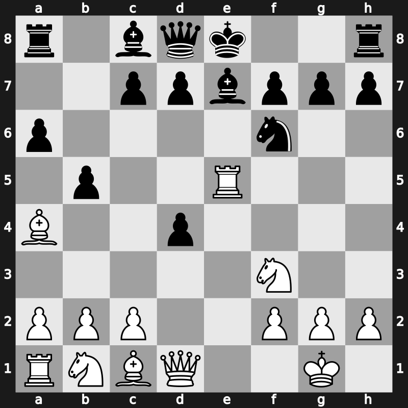 C84n - 6.d4 exd4 7.Re1 b5 8.e5 Nxe5 9.Rxe5 - Closed Centre Attack [-0.48]