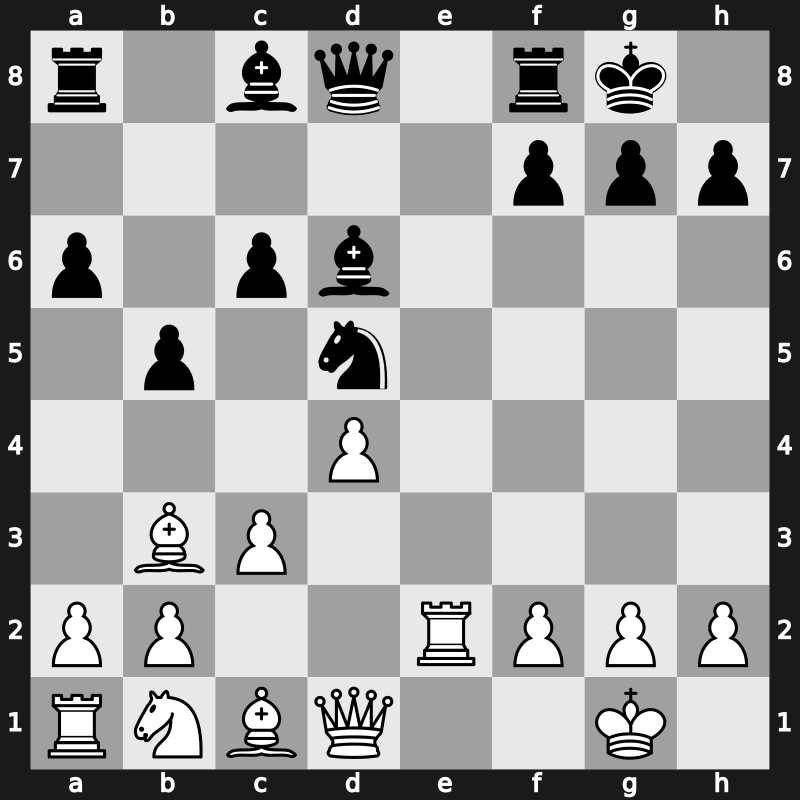 C89l - 9.exd5 Nxd5 10.Nxe5 Nxe5 11.Rxe5 c6 12.d4 Bd6 13.Re2 - Marshall Main Line [-0.06]